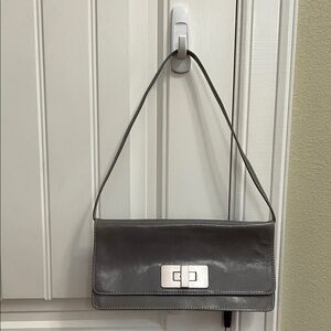 Kate Landry Gray Leather Shoulder Bag with Silver Turn-Lock